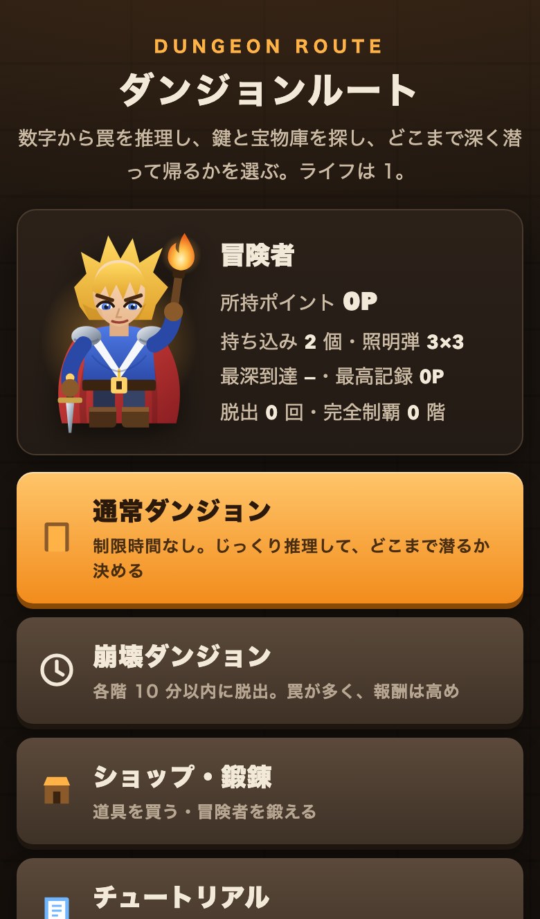 拠点の画面。冒険者の絵と所持ポイント